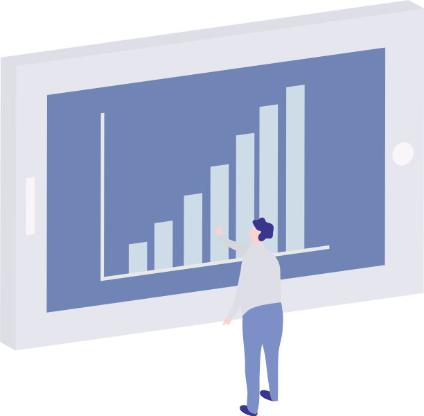 卡通人物和大平板电脑与图形条形图图片下载