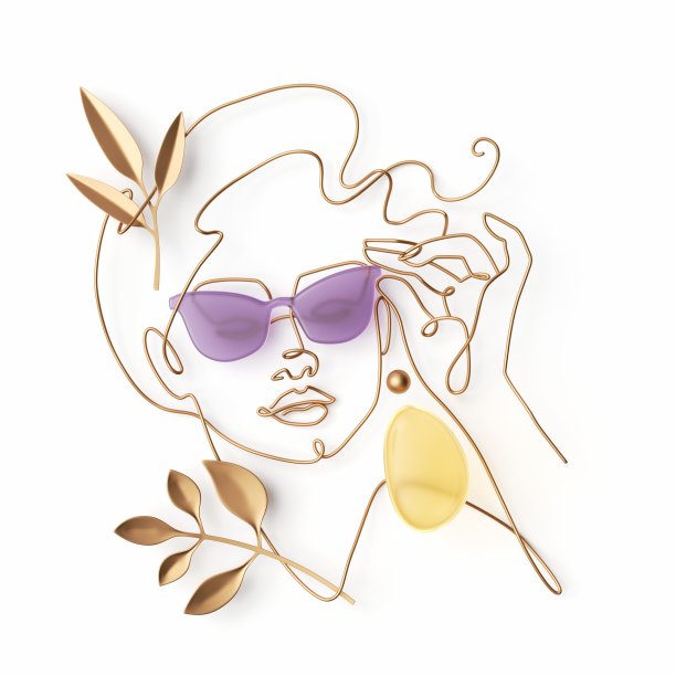 3d渲染，简约时尚女性肖像。女性的脸由金丝和树叶构成，简单的线性艺术孤立在白色的背景上图片下载