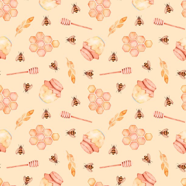 无缝水彩图案与蜂蜜罐，匙，蜜蜂和蜂窝。图片下载