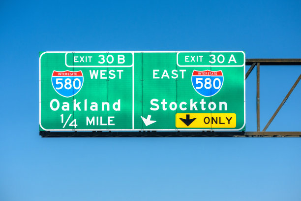 580州际公路架空路牌，指示司机前往奥克兰和斯托克顿的方向图片下载