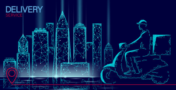 滑板车城市快递箱步行街霓虹灯图片下载