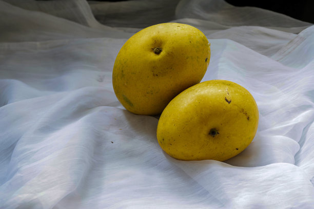 两个新鲜多汁的成熟的黄色芒果在白色的背景上的库存照片。图片下载