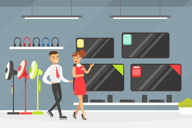 年轻人在购物中心选购电视图片下载