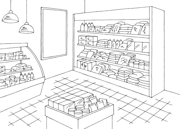 杂货店商店内部黑白图形素描插图矢量图片下载