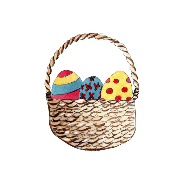 手绘水彩复活节彩蛋篮子。图片下载
