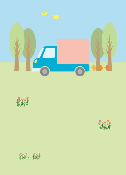 一辆淡蓝色的卡车在跑，四棵树，两只黄色的小鸟和一些粉红色的花图片下载