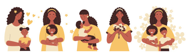 美丽的非洲黑人妇女抱着一个婴儿在她的怀里，妈妈拥抱她的孩子。母亲节，妇女节。一组平面矢量人孤立在白色背景图片下载