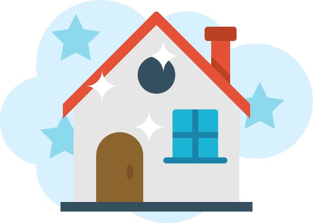 闪亮的灰色房子与门清洁服务概念，家与烟囱闪耀标志向量平面图标设计，家庭办公室清洁服务标志在泡沫Sud背景图片下载