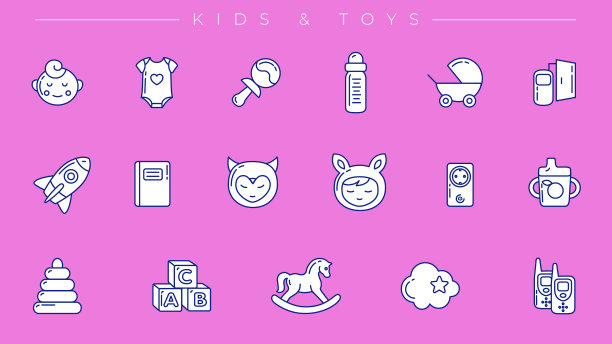 儿童和玩具概念线风格矢量图标设置。图片下载