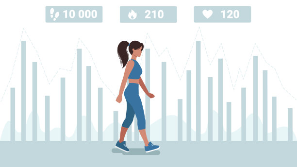 一个女孩在计步器图表的背景上走在路上。顶部是计算步数、卡路里消耗和心率测量的图标。图片下载