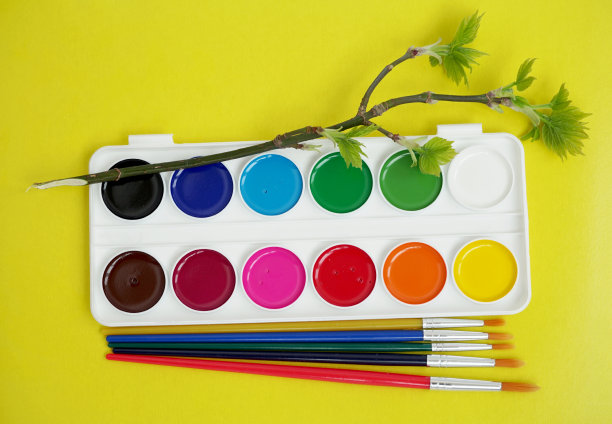 彩色水彩颜料与画笔在黄色的背景和绿色的分支图片下载