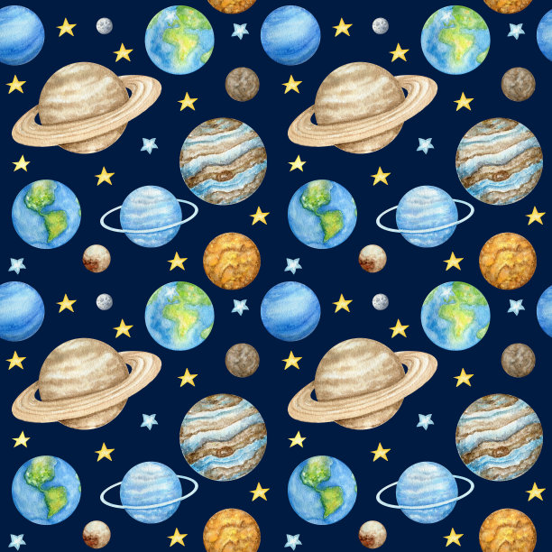 太阳系行星的无缝模式。外层空间行星水星金星地球火星木星土星天王星海王星冥王星与太阳。水彩儿童织物设计，包装纸，背景图片下载