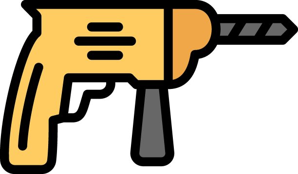 黄色无绳钻机矢量颜色图标设计，圆孔制造设备在白色背景，电气和工业电动工具概念图片下载