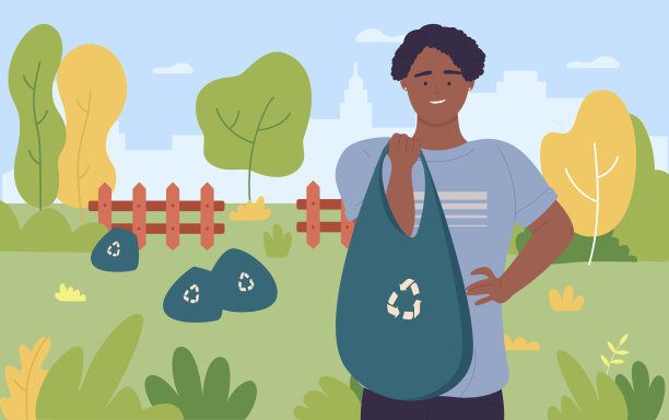 保护环境，清洁公园，快乐的年轻志愿者拿着有回收标志的袋子图片下载