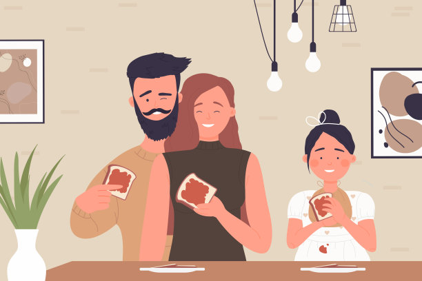 幸福的年轻家庭在厨房里享用涂有果酱的吐司图片下载