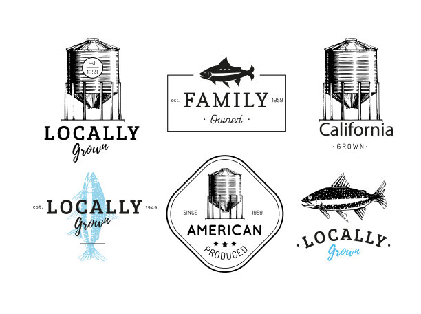 标志设置一个农场漏斗和鳟鱼在矢量。谷物罐和鲑鱼的手绘插图。适用于市场包装、商店标签、餐厅标签、农场标签等。图片下载