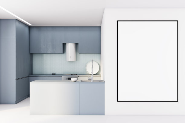 明亮的厨房内部，墙上有一张空白的白色海报和蓝色的架子，混凝土地板和天花板，室内设计概念，3d渲染，模拟图片下载