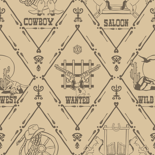 重复矢量图案与狂野的西部符号在白色的背景。复古的德克萨斯州西部墙纸设计。装饰海报时尚纺织品。图片下载