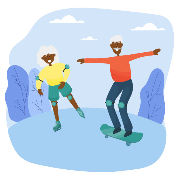 老夫妇。穿着旱冰鞋的黑奶奶和玩滑板的爷爷一起在公园里度过时光图片下载