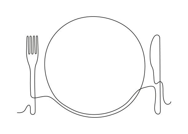 午餐用餐具盘，连续排菜烹饪。盘，刀和叉的轮廓手绘。为菜单、咖啡馆或餐厅绘制草图。矢量信号说明图片下载