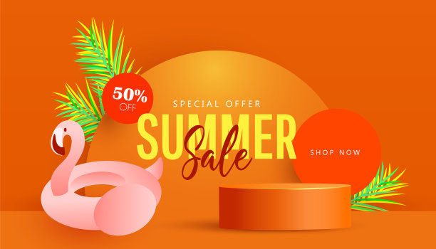 明亮的夏季销售横幅设计背景与火烈鸟，热带棕榈叶和化妆品的极简产品领奖台在橙色的背景。矢量图图片下载