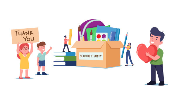 小字把书和文具放进巨大的捐款箱。心在手中的快乐孩子感恩赞助商图片下载
