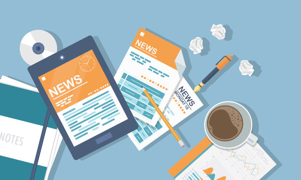 矢量插图。扁头。在线新闻。通讯和信息。商业和市场新闻。桌上有财务报告和咖啡图片下载