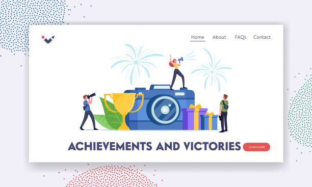 照片比赛登陆页模板。用扬声器站在巨大摄像机上的小女性角色宣布比赛图片下载