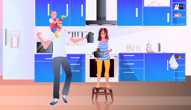 年轻的父亲和孩子在厨房做饭父亲教养的概念图片下载