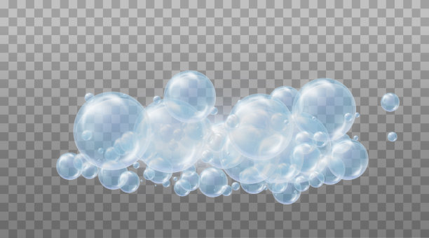 逼真的蓝色泡沫肥皂泡沫水。设计元素适用于洗衣粉、洗发水、护肤品等。 被隔离在透明的背景上。图片下载