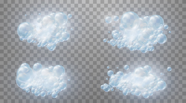 现实设置蓝色泡沫肥皂泡沫水。设计元素适用于洗衣粉、洗发水、护肤品等。 被隔离在透明的背景上。图片下载