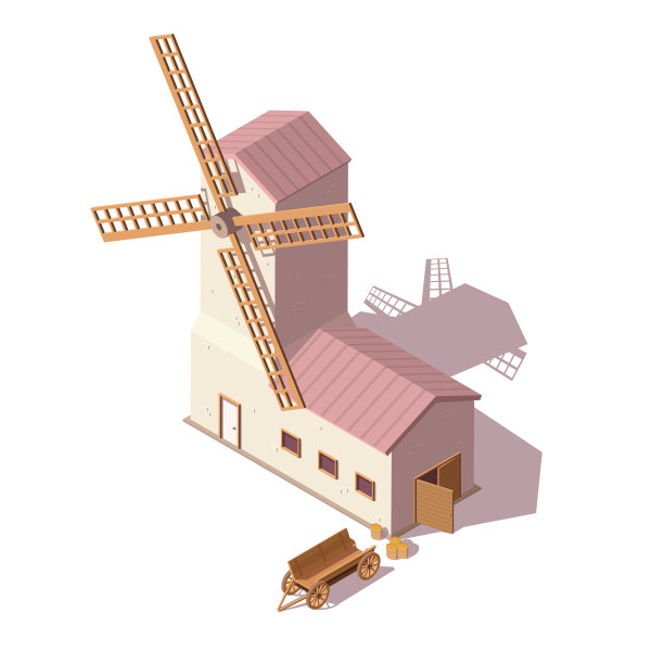矢量等距风车与一袋粮食和马车。等距3d矢量图。隔离背景。图片下载
