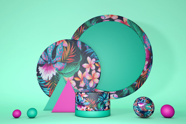 热带异域花卉图案平台，产品展示平台。夏季亮粉色和绿色风格。图片下载