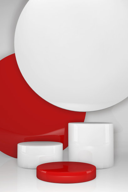3D红色和白色的几何讲台。概念垂直场景舞台展示新产品，促销销售，横幅，展示，化妆品。图片下载