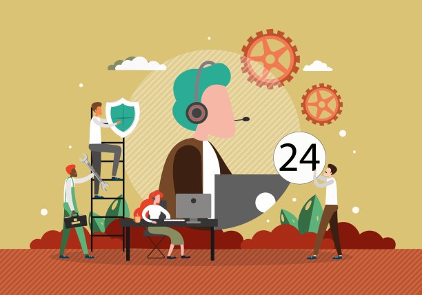 全天无休的客户服务。呼叫中心操作员戴耳机，矢量图。在线技术支持。帮助台。图片下载