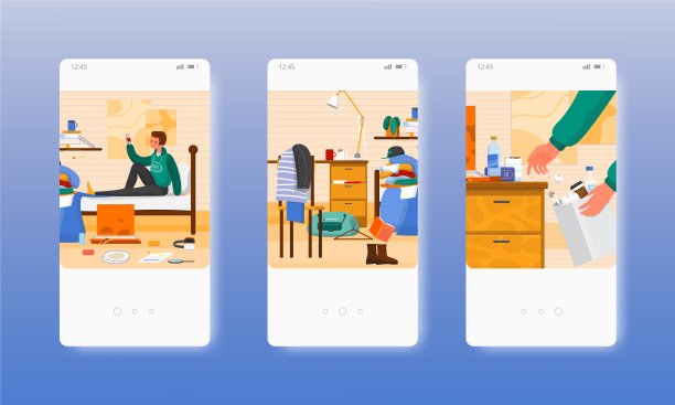 凌乱的学生房间打扫干净，前后清洁。移动应用屏幕，矢量网站横幅模板。UI网站设计图片下载