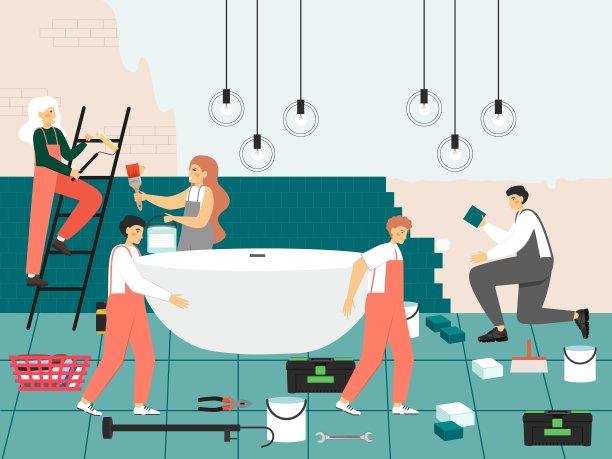 家庭维修和改善。修理工、工友团队粉刷墙面、铺设浴室瓷砖、平面矢量插图。图片下载