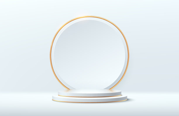 现代的白色和金色圆筒基座裙座。银色最小墙场景与白色和闪亮的金色圆形背景。矢量渲染三维形状，产品展示展示。抽象的空间。图片下载