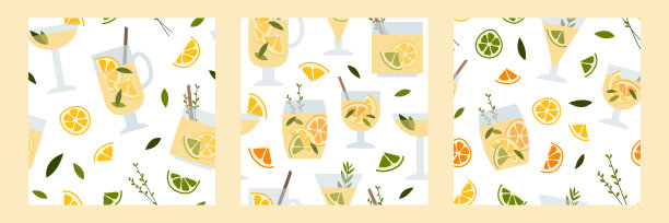 新鲜的自制柠檬水，苏打水，柠檬薄荷莫吉托鸡尾酒。夏季热带饮料，冷饮柑橘杯清凉饮料。矢量平面卡通插图，无缝模式图片下载