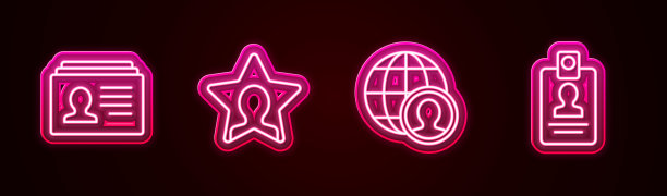 设置行简历，猎头，全球和人员和身份徽章。发光的霓虹灯图标。向量图片下载