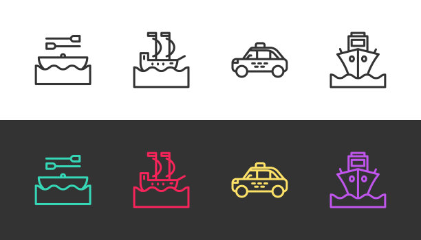 黑白两色的船桨、帆船、出租车、货船。向量图片下载