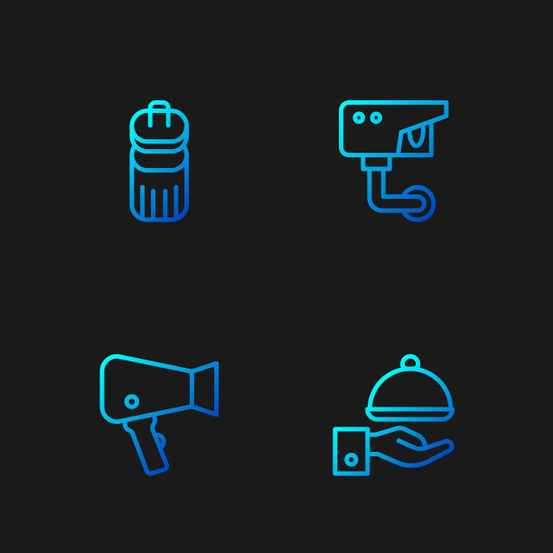 设置线覆盖托盘，吹风机，垃圾桶和安全摄像头。渐变颜色图标。向量图片下载