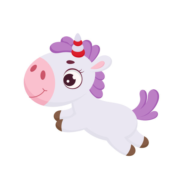 可爱的神奇独角兽跳跃。有趣的魔法独角兽卡通人物印刷，卡片，婴儿送礼会，邀请，壁纸，装饰。明亮的颜色幼稚股票矢量插图。图片下载