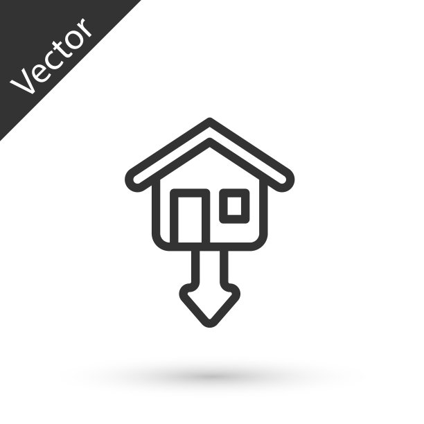 灰色线房地产和房地产市场崩溃图标孤立在白色背景。房地产价格下降。房地产股票风险或经济衰退。向量图片下载