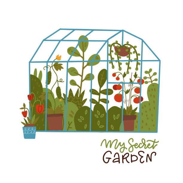 字体打印-我的秘密花园。玻璃温室，花盆或花盆中种植植物。矢量平面插图与可爱的温室或植物园。彩色的家庭园艺概念。图片下载