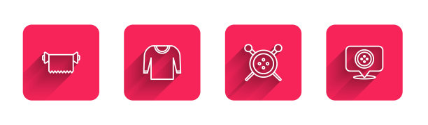 设置线纺织面料卷，毛衣，缝纫扣和针织针和定位裁缝店与长影子。红场按钮。向量图片下载