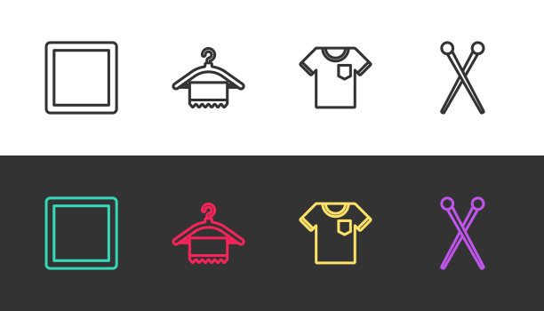 设置线缝图案，衣架衣柜，t恤和针织针在黑色和白色。向量图片下载