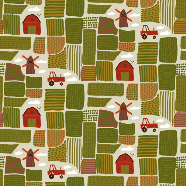 乡村景观图无缝图案。从上面俯瞰农场。田野、房屋、建筑物、道路、树木、磨坊和拖拉机。顶视图平面矢量插图涂鸦颜色风格。图片下载