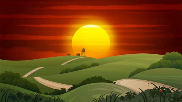 夏季乡村景观与农场和道路通过田地。素材图片