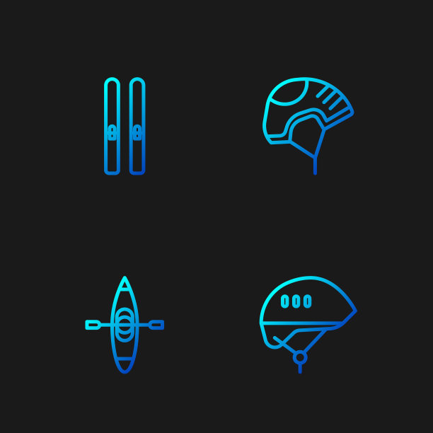 设置线自行车头盔，皮划艇或独木舟，滑雪和棍棒和头盔。渐变颜色图标。向量图片下载